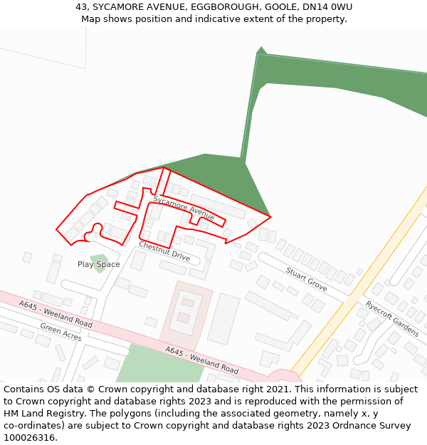 43, SYCAMORE AVENUE, EGGBOROUGH, GOOLE, DN14 0WU: Location map and indicative extent of plot