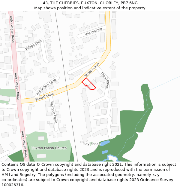 43, THE CHERRIES, EUXTON, CHORLEY, PR7 6NG: Location map and indicative extent of plot