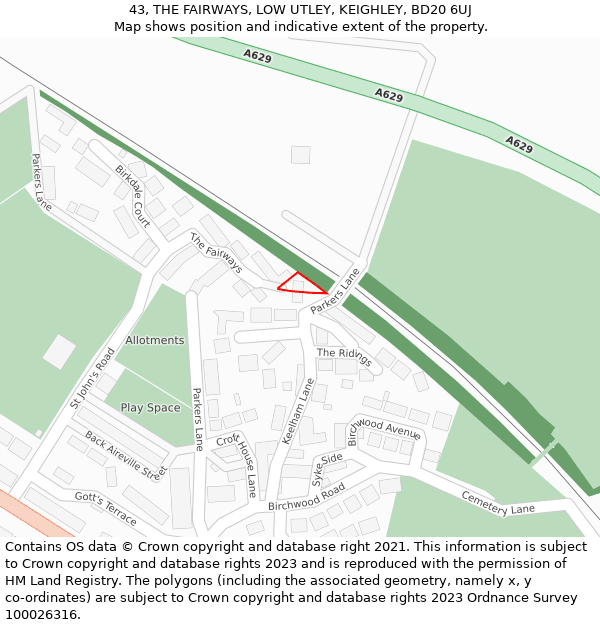 43, THE FAIRWAYS, LOW UTLEY, KEIGHLEY, BD20 6UJ: Location map and indicative extent of plot