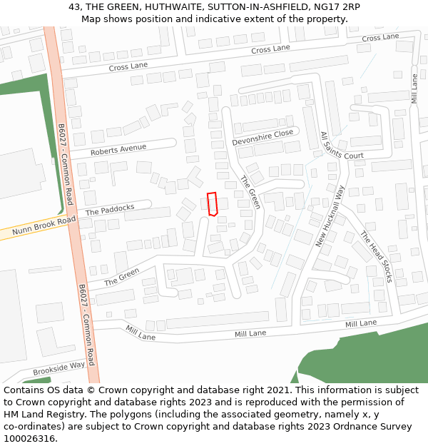 43, THE GREEN, HUTHWAITE, SUTTON-IN-ASHFIELD, NG17 2RP: Location map and indicative extent of plot