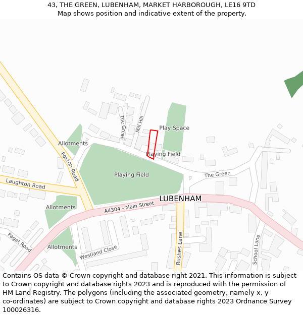 43, THE GREEN, LUBENHAM, MARKET HARBOROUGH, LE16 9TD: Location map and indicative extent of plot