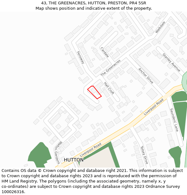 43, THE GREENACRES, HUTTON, PRESTON, PR4 5SR: Location map and indicative extent of plot