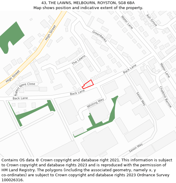 43, THE LAWNS, MELBOURN, ROYSTON, SG8 6BA: Location map and indicative extent of plot