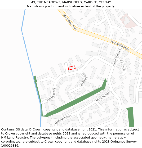 43, THE MEADOWS, MARSHFIELD, CARDIFF, CF3 2AY: Location map and indicative extent of plot