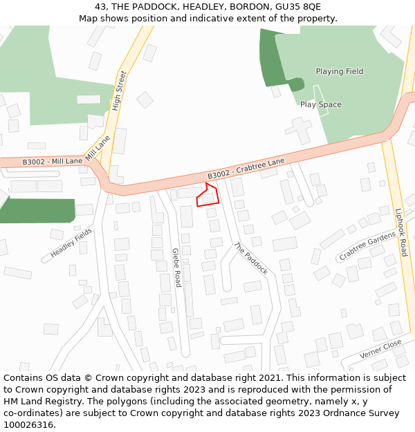 43, THE PADDOCK, HEADLEY, BORDON, GU35 8QE: Location map and indicative extent of plot
