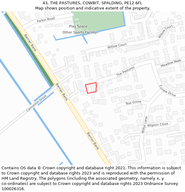 43, THE PASTURES, COWBIT, SPALDING, PE12 6FL: Location map and indicative extent of plot