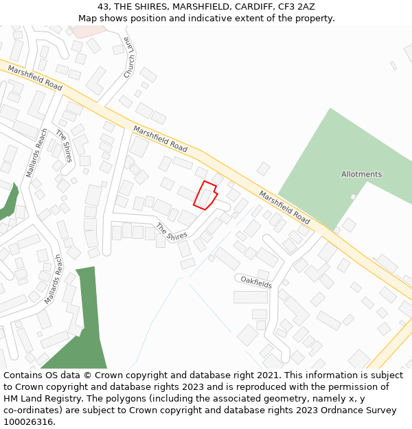 43, THE SHIRES, MARSHFIELD, CARDIFF, CF3 2AZ: Location map and indicative extent of plot