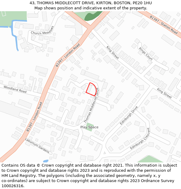 43, THOMAS MIDDLECOTT DRIVE, KIRTON, BOSTON, PE20 1HU: Location map and indicative extent of plot