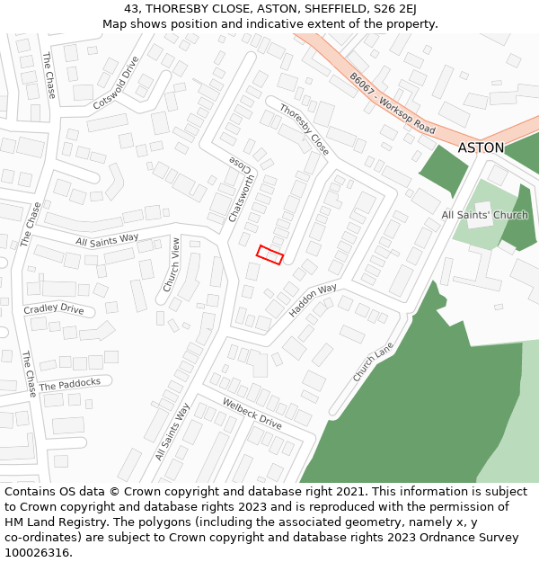 43, THORESBY CLOSE, ASTON, SHEFFIELD, S26 2EJ: Location map and indicative extent of plot