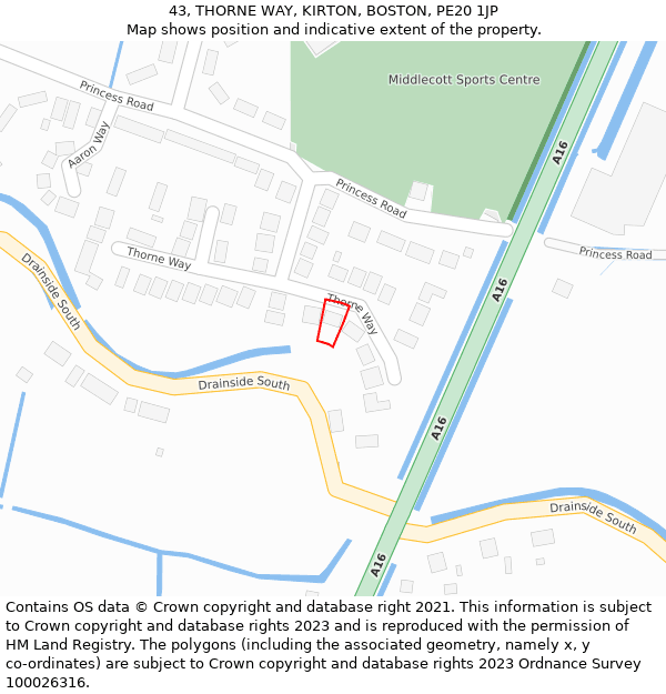 43, THORNE WAY, KIRTON, BOSTON, PE20 1JP: Location map and indicative extent of plot