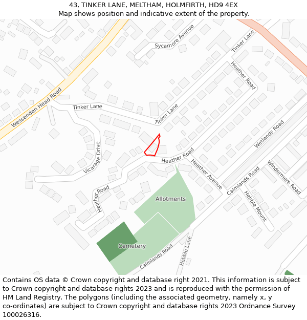 43, TINKER LANE, MELTHAM, HOLMFIRTH, HD9 4EX: Location map and indicative extent of plot