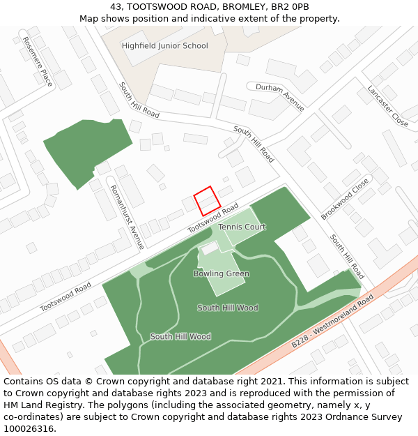 43, TOOTSWOOD ROAD, BROMLEY, BR2 0PB: Location map and indicative extent of plot