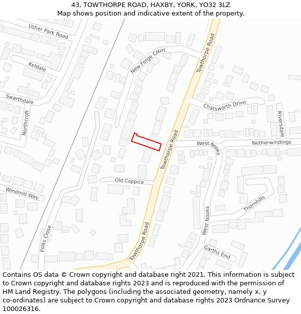 43, TOWTHORPE ROAD, HAXBY, YORK, YO32 3LZ: Location map and indicative extent of plot