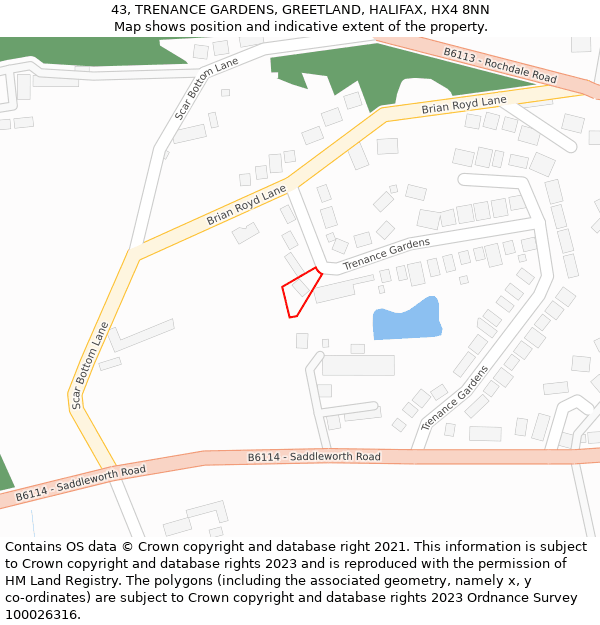 43, TRENANCE GARDENS, GREETLAND, HALIFAX, HX4 8NN: Location map and indicative extent of plot