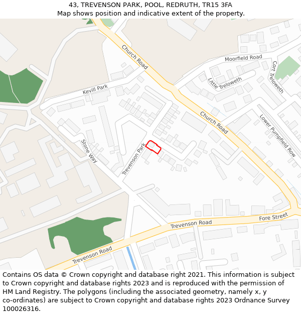 43, TREVENSON PARK, POOL, REDRUTH, TR15 3FA: Location map and indicative extent of plot