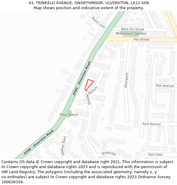 43, TRINKELD AVENUE, SWARTHMOOR, ULVERSTON, LA12 0XB: Location map and indicative extent of plot