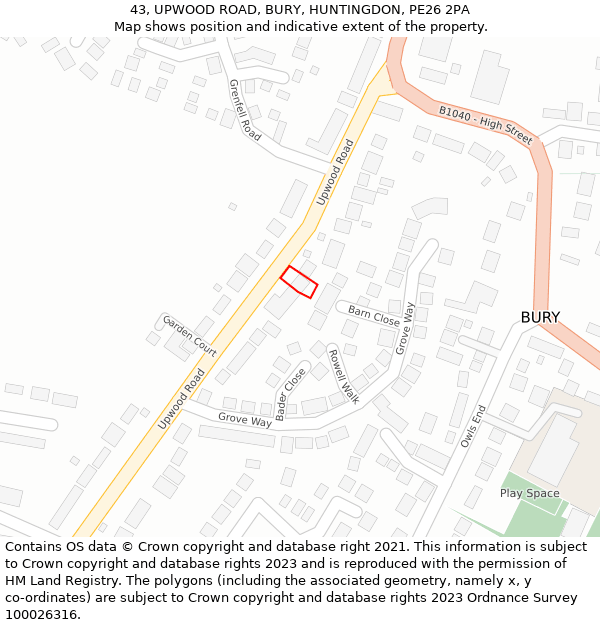 43, UPWOOD ROAD, BURY, HUNTINGDON, PE26 2PA: Location map and indicative extent of plot