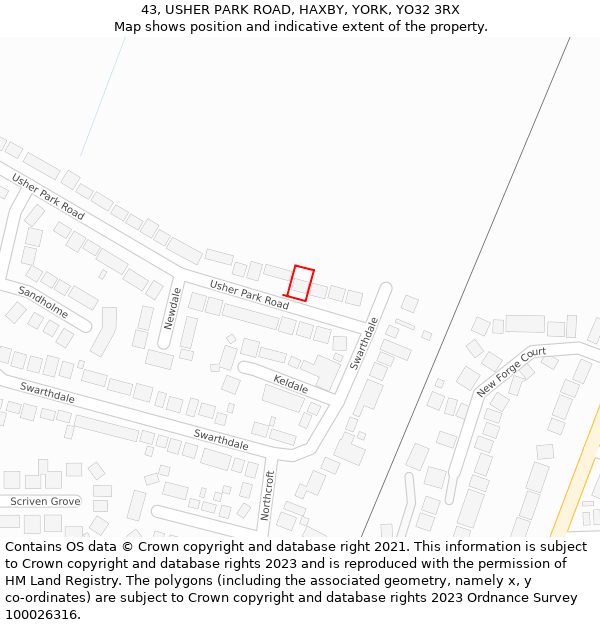 43, USHER PARK ROAD, HAXBY, YORK, YO32 3RX: Location map and indicative extent of plot