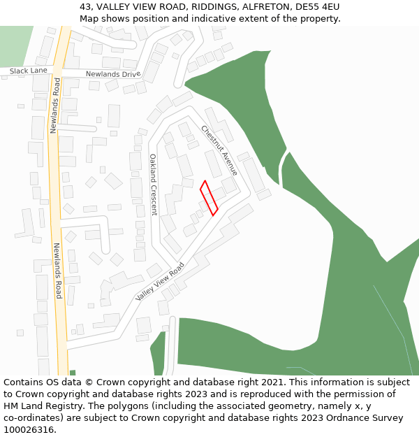 43, VALLEY VIEW ROAD, RIDDINGS, ALFRETON, DE55 4EU: Location map and indicative extent of plot