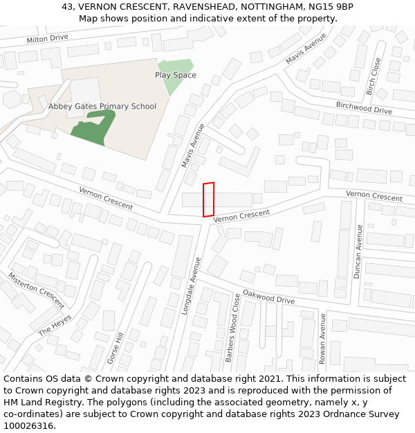 43, VERNON CRESCENT, RAVENSHEAD, NOTTINGHAM, NG15 9BP: Location map and indicative extent of plot