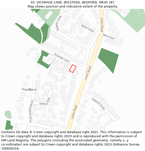 43, VICARAGE LANE, WILSTEAD, BEDFORD, MK45 3EY: Location map and indicative extent of plot