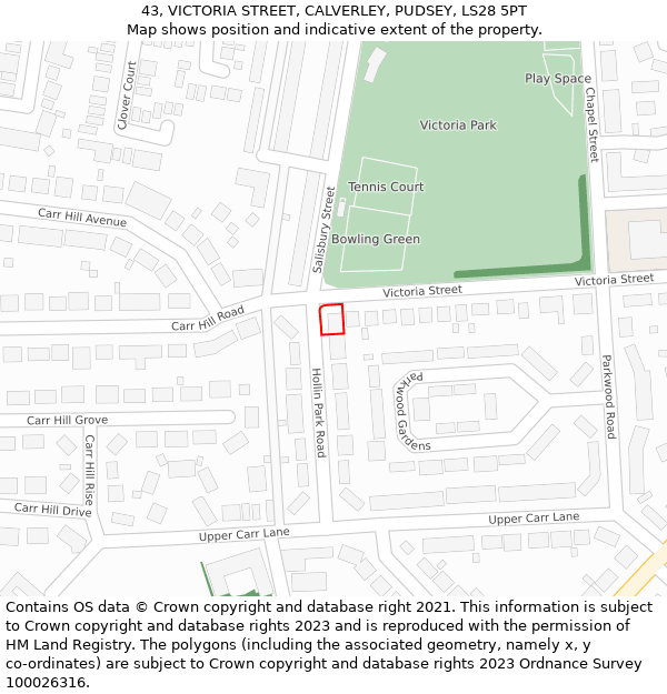 43, VICTORIA STREET, CALVERLEY, PUDSEY, LS28 5PT: Location map and indicative extent of plot