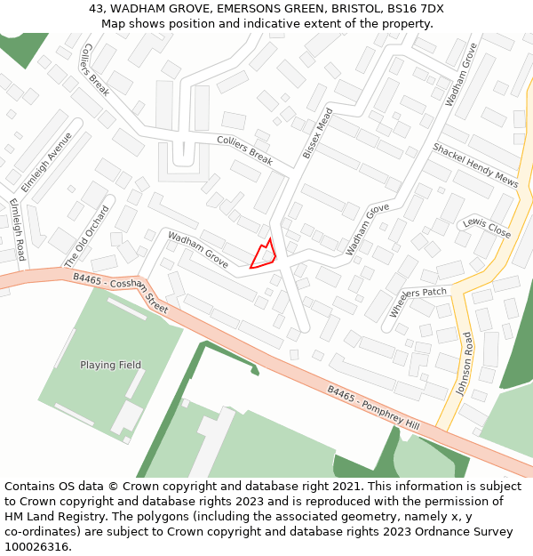43, WADHAM GROVE, EMERSONS GREEN, BRISTOL, BS16 7DX: Location map and indicative extent of plot