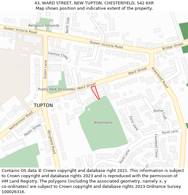 43, WARD STREET, NEW TUPTON, CHESTERFIELD, S42 6XR: Location map and indicative extent of plot