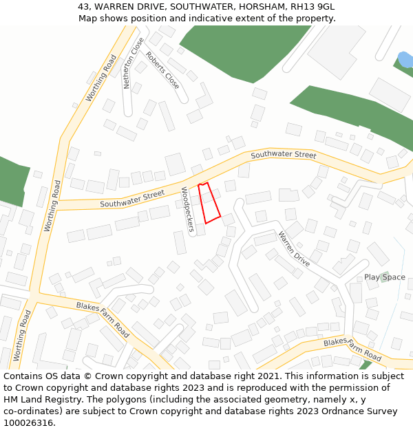 43, WARREN DRIVE, SOUTHWATER, HORSHAM, RH13 9GL: Location map and indicative extent of plot