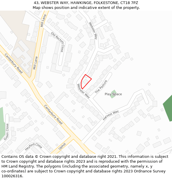 43, WEBSTER WAY, HAWKINGE, FOLKESTONE, CT18 7PZ: Location map and indicative extent of plot