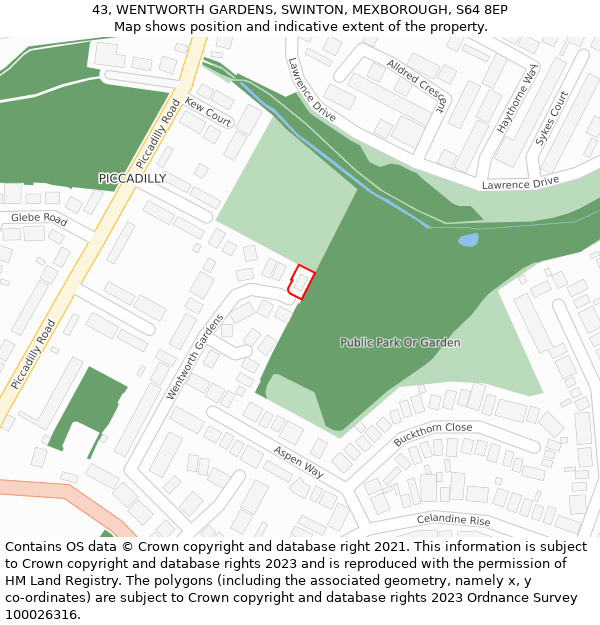 43, WENTWORTH GARDENS, SWINTON, MEXBOROUGH, S64 8EP: Location map and indicative extent of plot