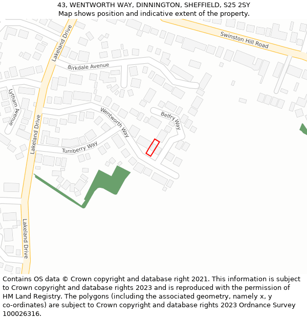 43, WENTWORTH WAY, DINNINGTON, SHEFFIELD, S25 2SY: Location map and indicative extent of plot