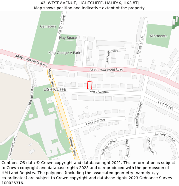 43, WEST AVENUE, LIGHTCLIFFE, HALIFAX, HX3 8TJ: Location map and indicative extent of plot