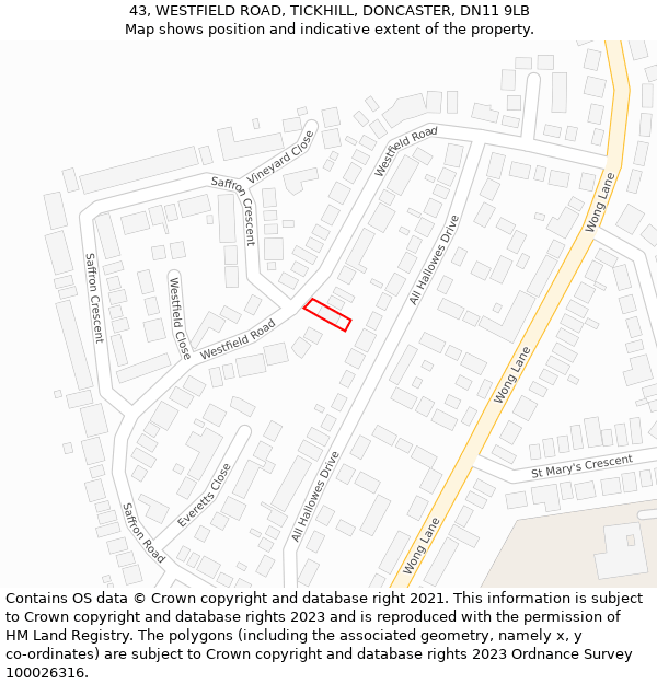 43, WESTFIELD ROAD, TICKHILL, DONCASTER, DN11 9LB: Location map and indicative extent of plot