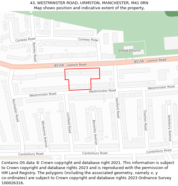 43, WESTMINSTER ROAD, URMSTON, MANCHESTER, M41 0RN: Location map and indicative extent of plot