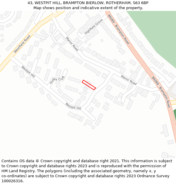 43, WESTPIT HILL, BRAMPTON BIERLOW, ROTHERHAM, S63 6BP: Location map and indicative extent of plot