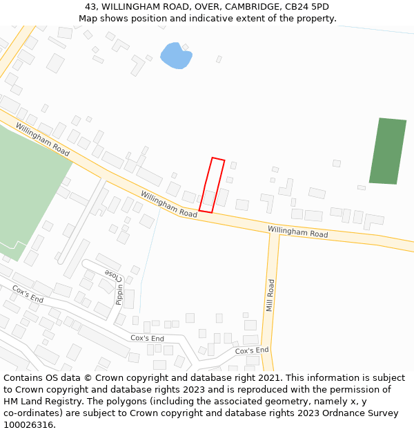 43, WILLINGHAM ROAD, OVER, CAMBRIDGE, CB24 5PD: Location map and indicative extent of plot