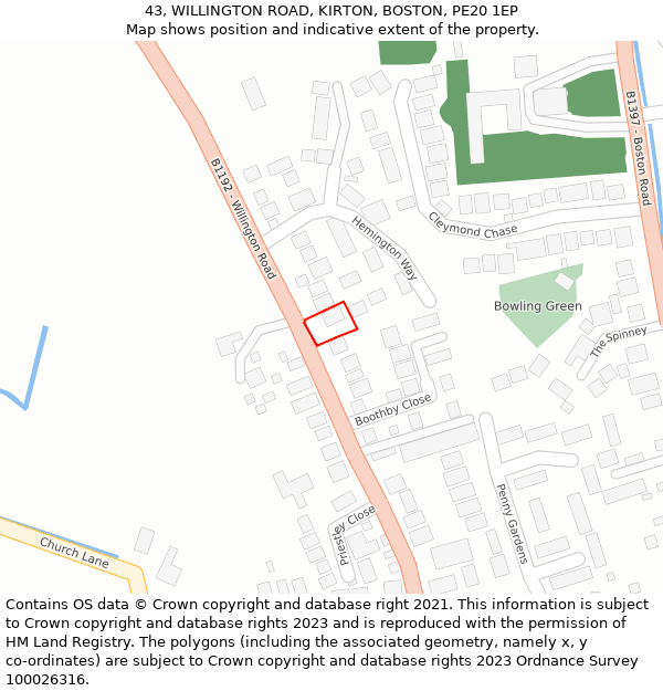 43, WILLINGTON ROAD, KIRTON, BOSTON, PE20 1EP: Location map and indicative extent of plot