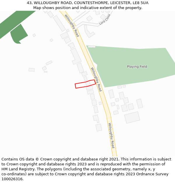 43, WILLOUGHBY ROAD, COUNTESTHORPE, LEICESTER, LE8 5UA: Location map and indicative extent of plot