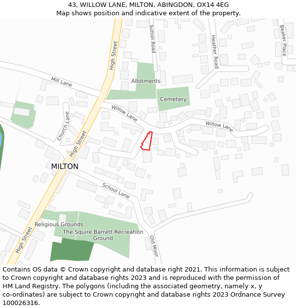 43, WILLOW LANE, MILTON, ABINGDON, OX14 4EG: Location map and indicative extent of plot