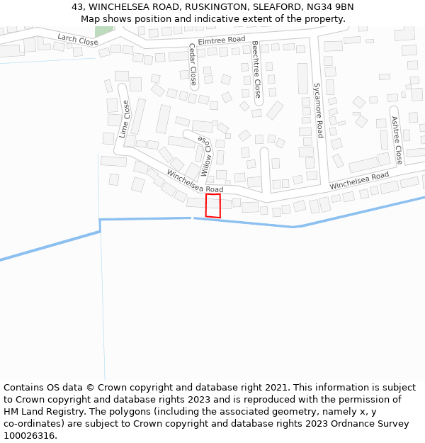 43, WINCHELSEA ROAD, RUSKINGTON, SLEAFORD, NG34 9BN: Location map and indicative extent of plot