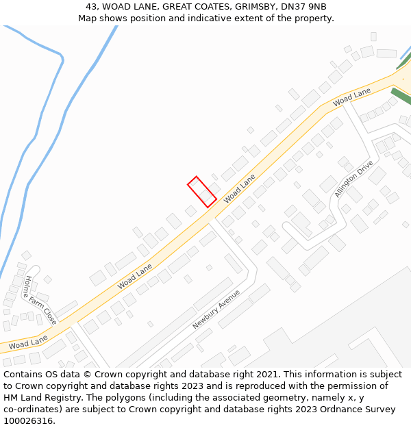 43, WOAD LANE, GREAT COATES, GRIMSBY, DN37 9NB: Location map and indicative extent of plot