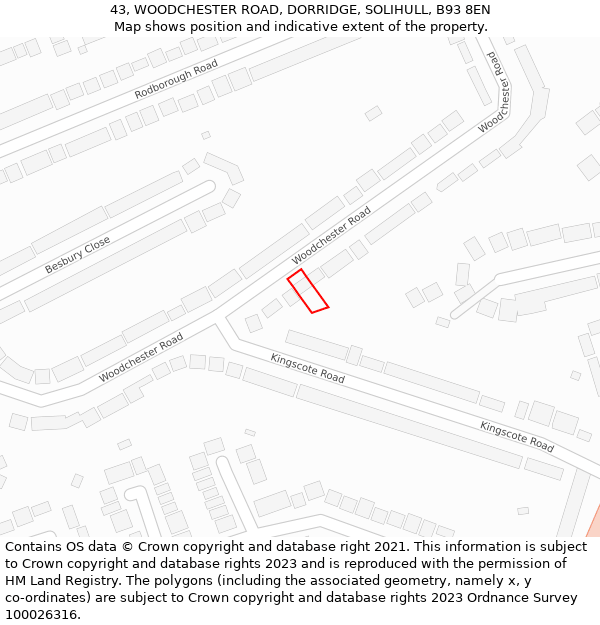 43, WOODCHESTER ROAD, DORRIDGE, SOLIHULL, B93 8EN: Location map and indicative extent of plot