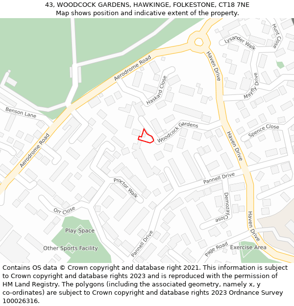 43, WOODCOCK GARDENS, HAWKINGE, FOLKESTONE, CT18 7NE: Location map and indicative extent of plot