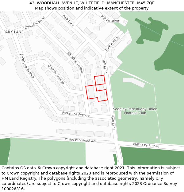 43, WOODHALL AVENUE, WHITEFIELD, MANCHESTER, M45 7QE: Location map and indicative extent of plot