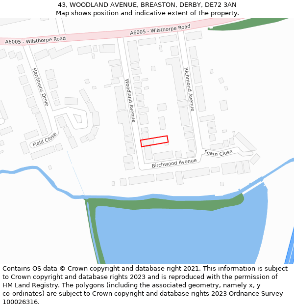 43, WOODLAND AVENUE, BREASTON, DERBY, DE72 3AN: Location map and indicative extent of plot