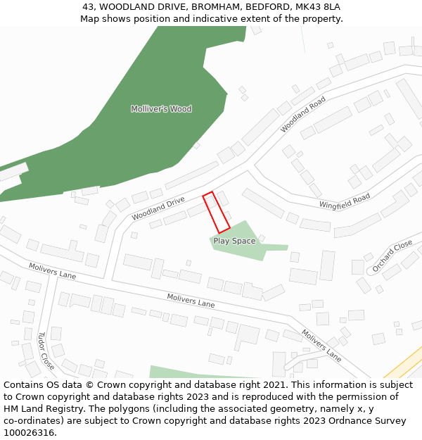 43, WOODLAND DRIVE, BROMHAM, BEDFORD, MK43 8LA: Location map and indicative extent of plot
