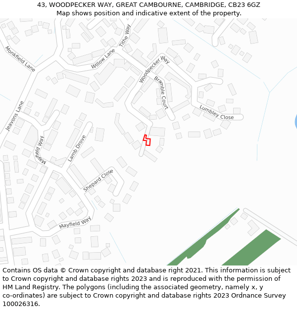 43, WOODPECKER WAY, GREAT CAMBOURNE, CAMBRIDGE, CB23 6GZ: Location map and indicative extent of plot