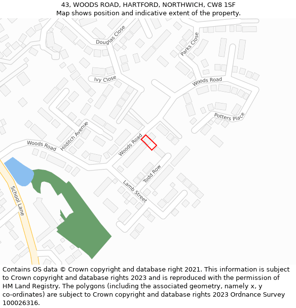 43, WOODS ROAD, HARTFORD, NORTHWICH, CW8 1SF: Location map and indicative extent of plot