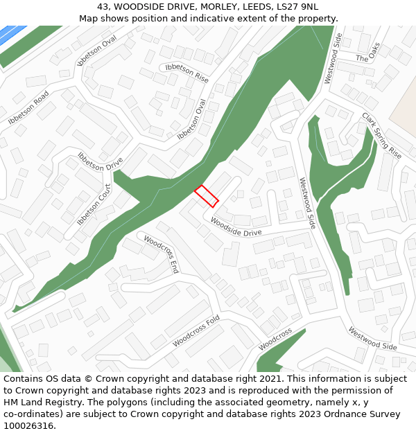 43, WOODSIDE DRIVE, MORLEY, LEEDS, LS27 9NL: Location map and indicative extent of plot